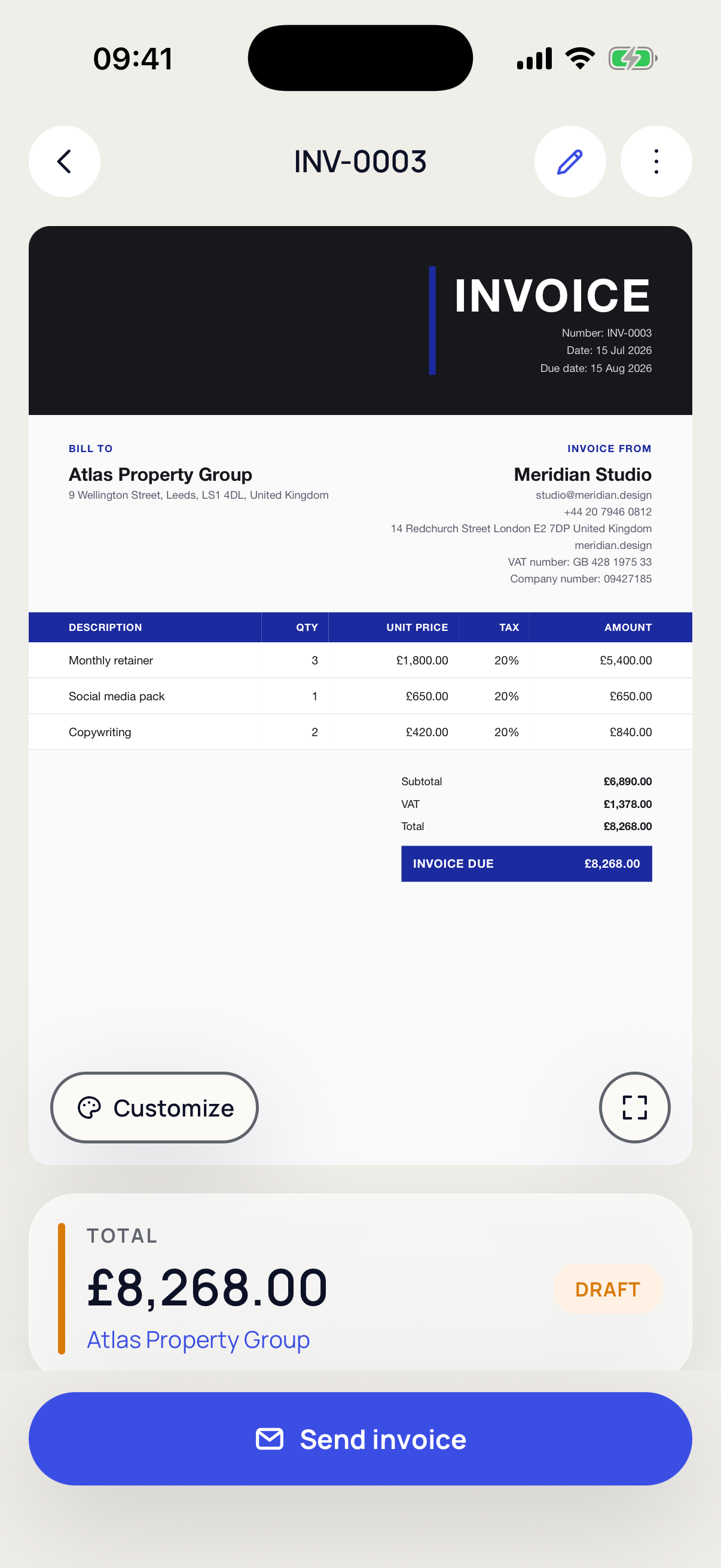 Invoice Easy showing a finished invoice preview ready to send
